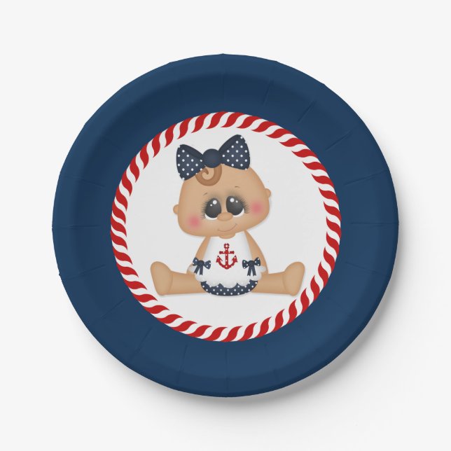 Cute Nautical Sailor Baby Girl Paper Plate (Front)