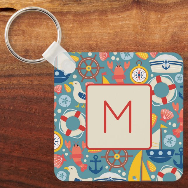 Cute Nautical Sea Life Monogram Key Ring (Front)