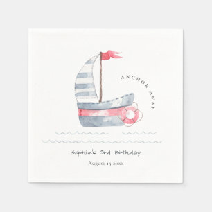 Cute Nautical Soft Red Blue Sailboat Kids Birthday Napkin