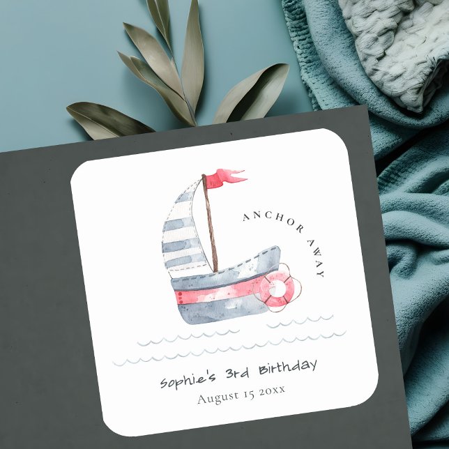 Cute Nautical Soft Red Blue Sailboat Kids Birthday Square Sticker (Creator Uploaded)