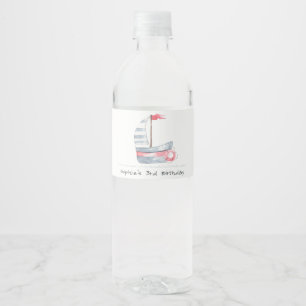 Cute Nautical Soft Red Blue Sailboat Kids Birthday Water Bottle Label