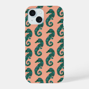 Cute Nautical Teal and Coral Seahorse Pattern iPhone 15 Case