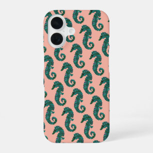 Cute Nautical Teal and Coral Seahorse Pattern iPhone 16 Case