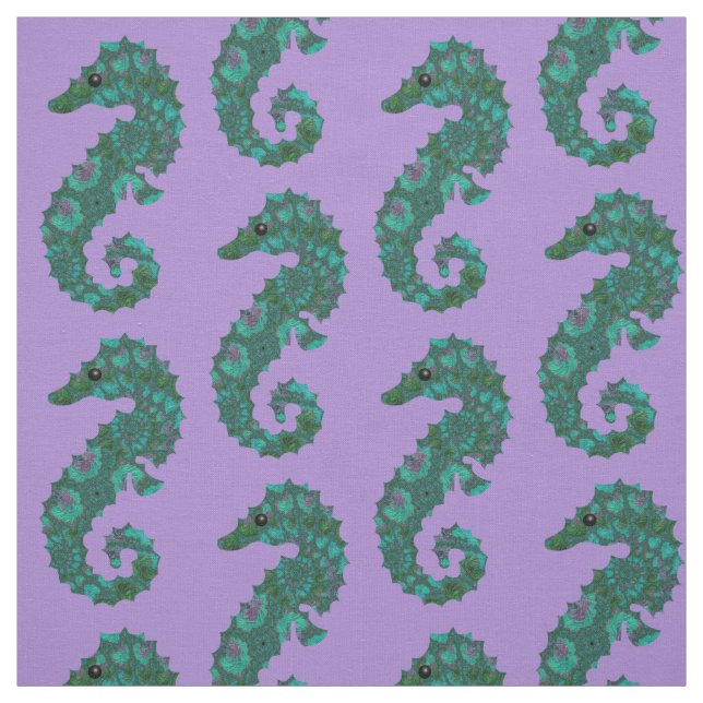 Cute Nautical Teal and Purple Seahorse Pattern Fabric (Swatch)