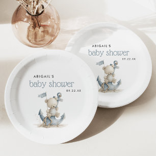 Cute Nautical Teddy Bear Baby Shower Paper Plate
