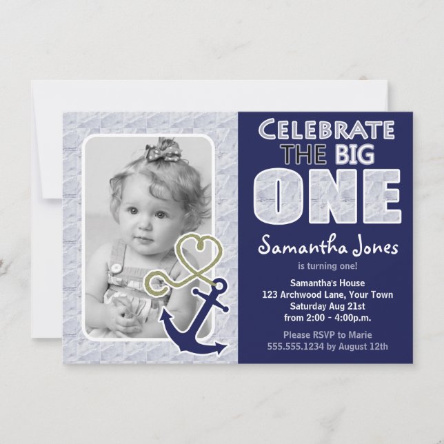 Cute Nautical Theme First Birthday Party Blue Invitation (Front)