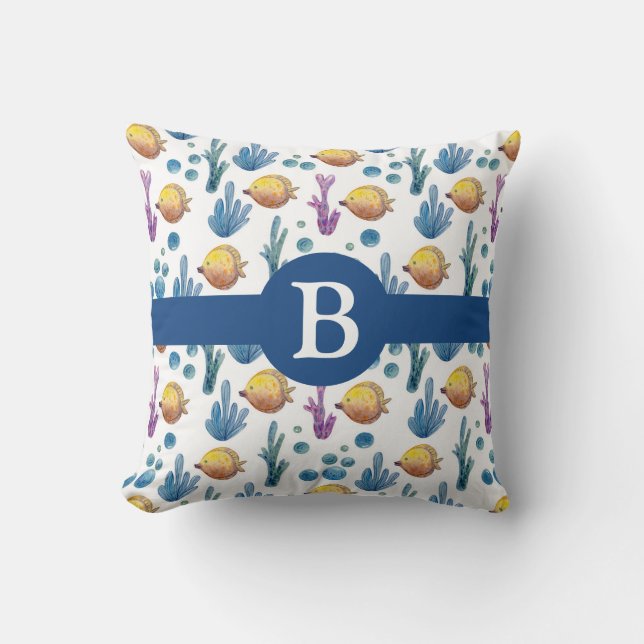 Cute Nautical Tropical Fish Sea Ocean Monogram Cushion (Front)