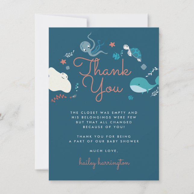 Cute Nautical Under The Sea Baby Shower Thank You Card (Front)