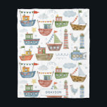 Cute Nautical Watercolor Boats Boy Personalised Fleece Blanket<br><div class="desc">Cute Nautical Watercolor Boats Boy Personalised Name Fleece Blankets features cute and whimsical watercolor boats,  submarines,  lighthouses,  seagulls and waves on a white background and personalised with your name at the base. Personalised by editing the text in the text box provided. Designed by ©Evco Studio www.zazzle.com/store/evcostudio</div>