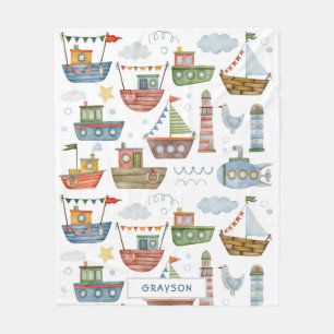 Cute Nautical Watercolor Boats Boy Personalised Fleece Blanket