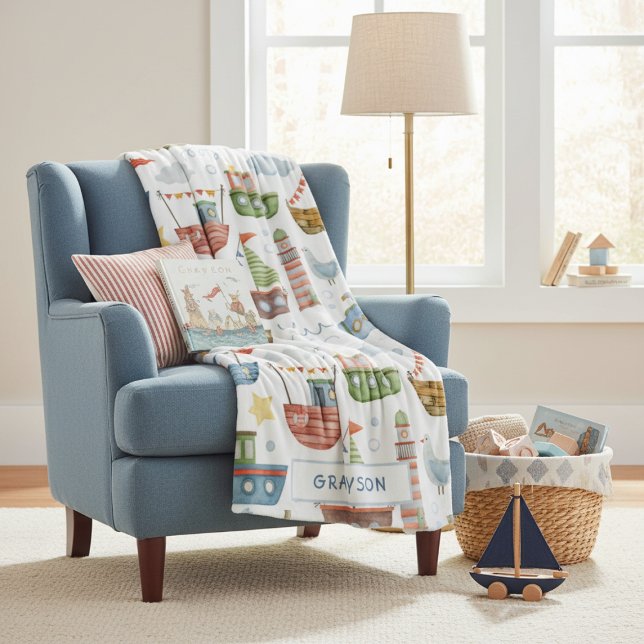 Cute Nautical Watercolor Boats Boy Personalised Fleece Blanket (Creator Uploaded)