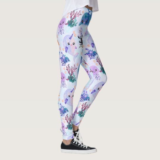 Cute Nautical Watercolor Whale Narwhal Jellyfish Leggings