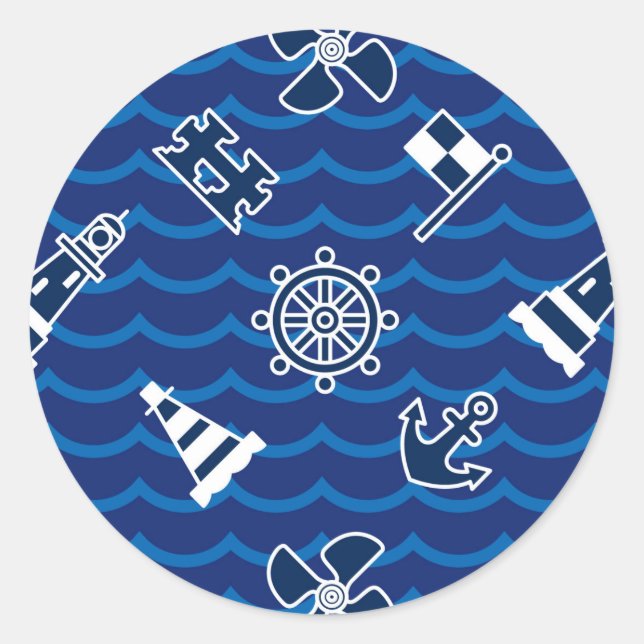 Cute Nautical Waves Pattern Classic Round Sticker (Front)