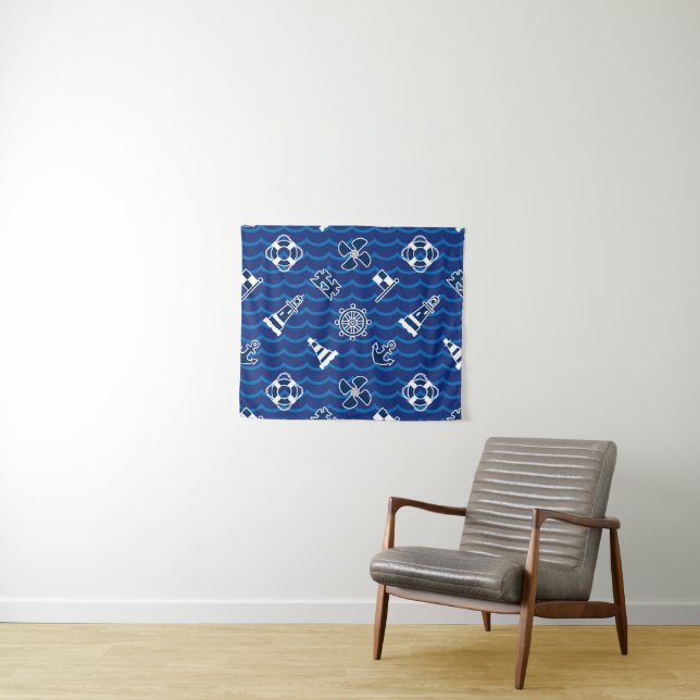 Cute Nautical Waves Pattern Tapestry (In Situ (Horizontal))