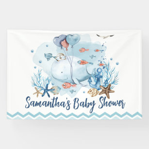 Cute Nautical Whale Baby Shower Welcome Backdrop Banner