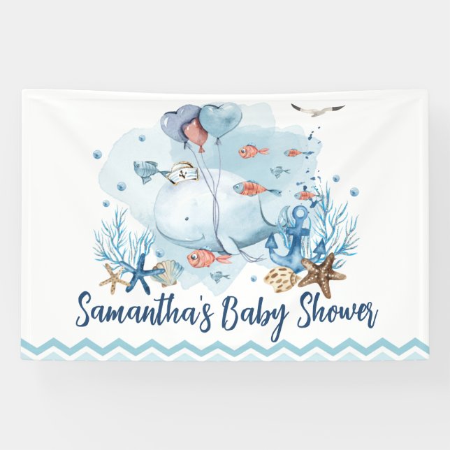 Cute Nautical Whale Baby Shower Welcome Backdrop Banner (Horizontal)