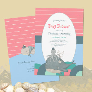 Cute Nautical Whale Octopus Pink Baby Shower  Invitation