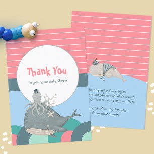 Cute Nautical Whale Octopus Pink Baby Shower Thank You Card