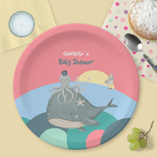 Cute Nautical Whale Squid Pink Baby Shower Paper Plate
