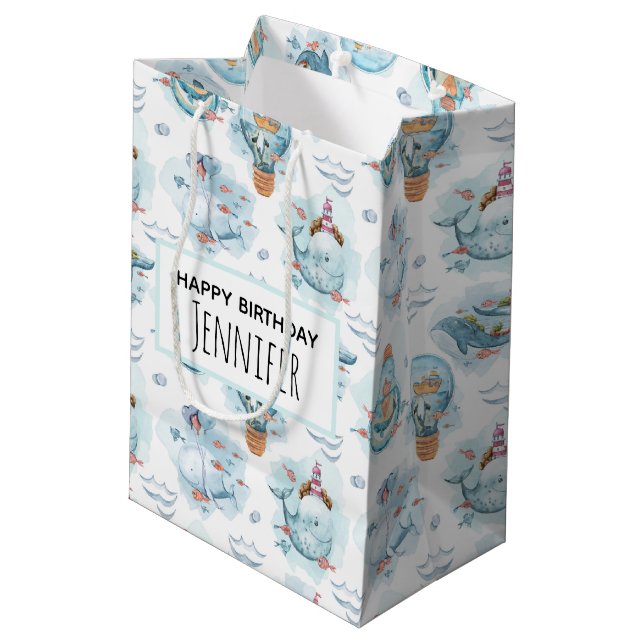 Cute Nautical Whales Watercolor Pattern Birthday Medium Gift Bag (Back Angled)