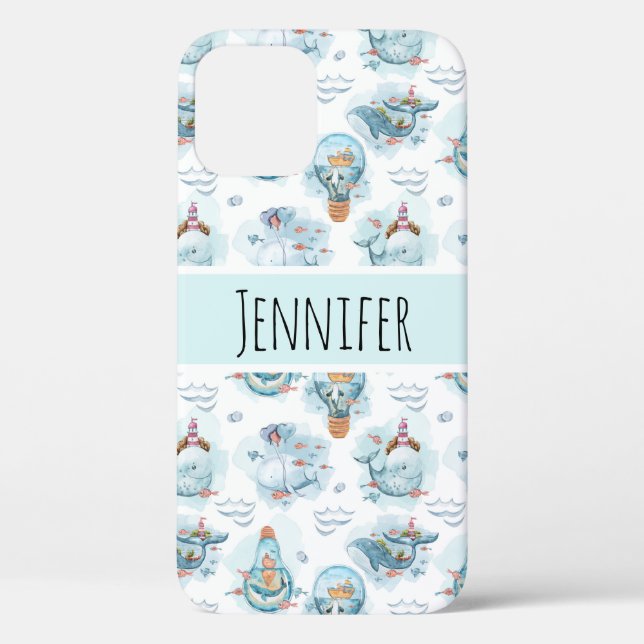 Cute Nautical Whales Watercolor Pattern Case-Mate iPhone Case (Back)
