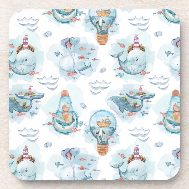 Cute Nautical Whales Watercolor Pattern Coaster (Front)