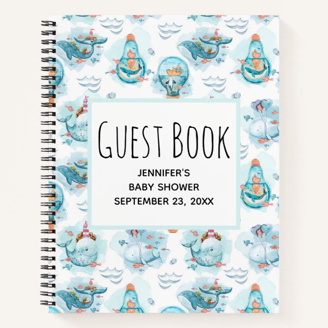 Cute Nautical Whales Watercolor Pattern Guest Book (Front)