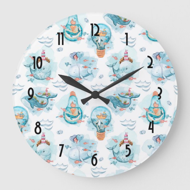Cute Nautical Whales Watercolor Pattern Large Clock (Front)