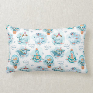 Cute Nautical Whales Watercolor Pattern Lumbar Cushion