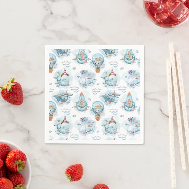 Cute Nautical Whales Watercolor Pattern Napkin (Insitu)