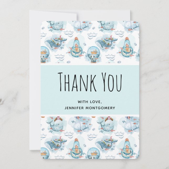 Cute Nautical Whales Watercolor Pattern Thank You (Front)
