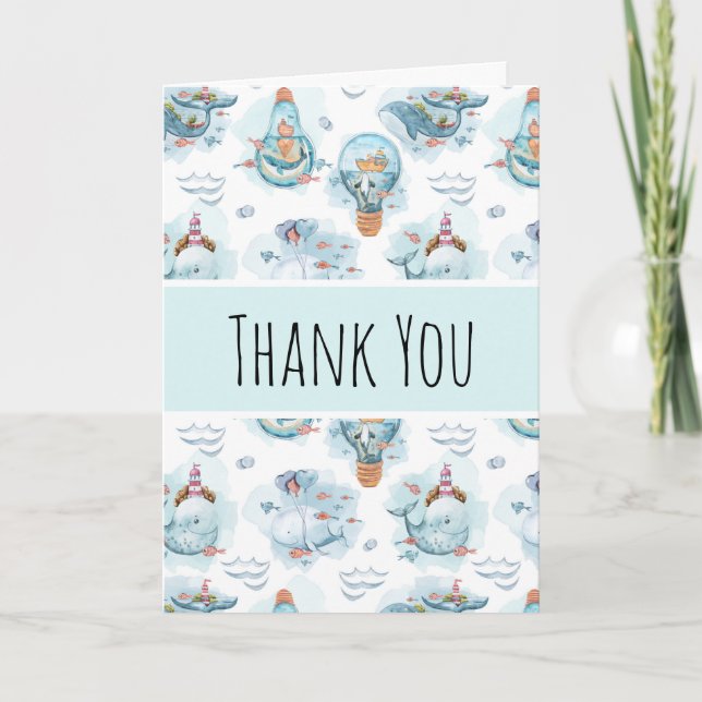 Cute Nautical Whales Watercolor Pattern Thank You Card (Front)