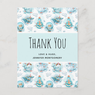 Cute Nautical Whales Watercolor Pattern Thank You Postcard
