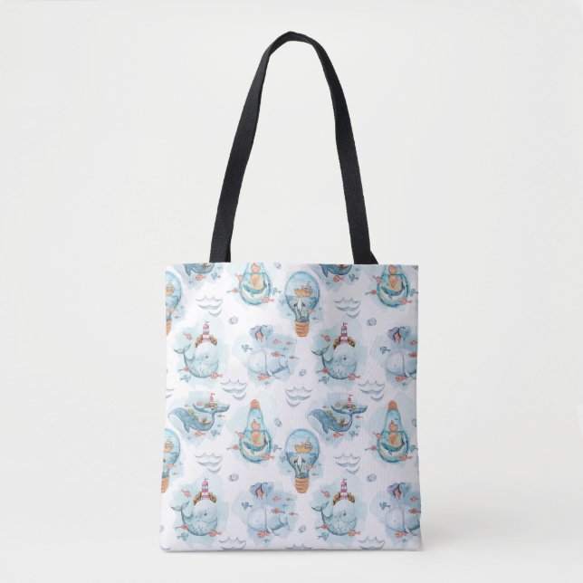 Cute Nautical Whales Watercolor Pattern Tote Bag (Front)