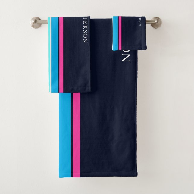 Cute Navy And Hot Pink Girls Modern Minimalist Gym Bath Towel Set (Insitu)