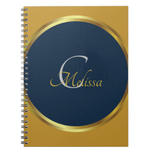 Cute Navy Blue and Gold Monogram Name Notebook