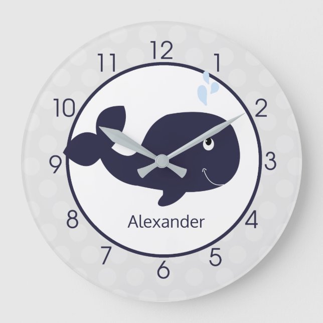 Cute Navy Blue and Grey Whale Nautical Nursery Large Clock (Front)
