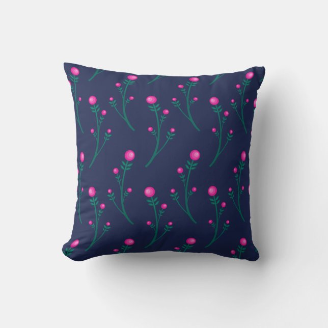 Cute Navy Blue and Hot Pink Floral Berries Pattern Cushion (Front)