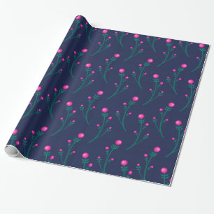 Cute Navy Blue and Hot Pink Floral Berries Pattern Wrapping Paper