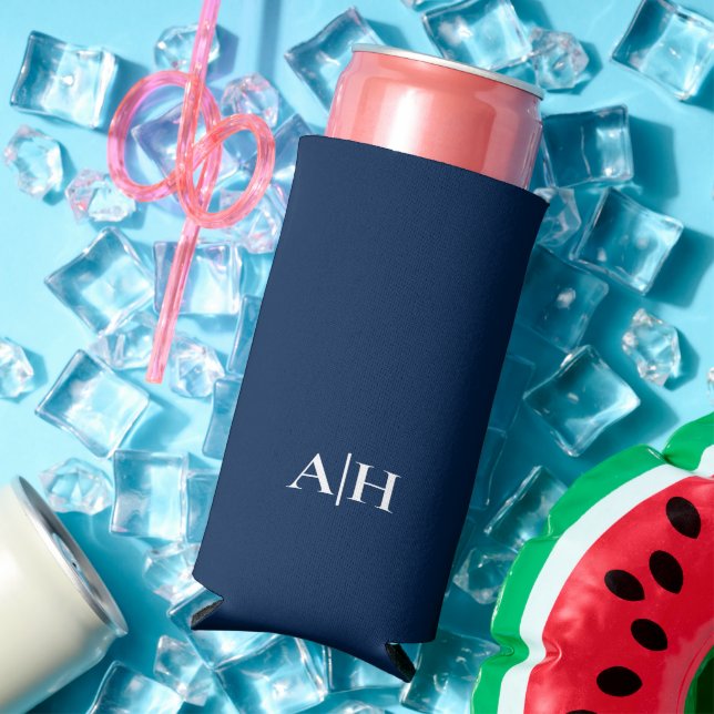 Cute Navy Blue and White , Modern Monogram Seltzer Can Cooler (In Situ Summer)