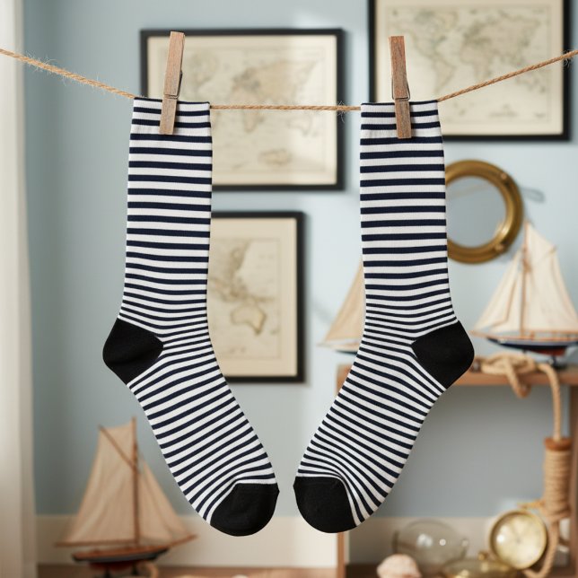 Cute Navy Blue and White Striped Socks (Navy Blue and White Striped Socks for Him for Father's Day. Stylish Stripes Pattern with Pinstripes.)
