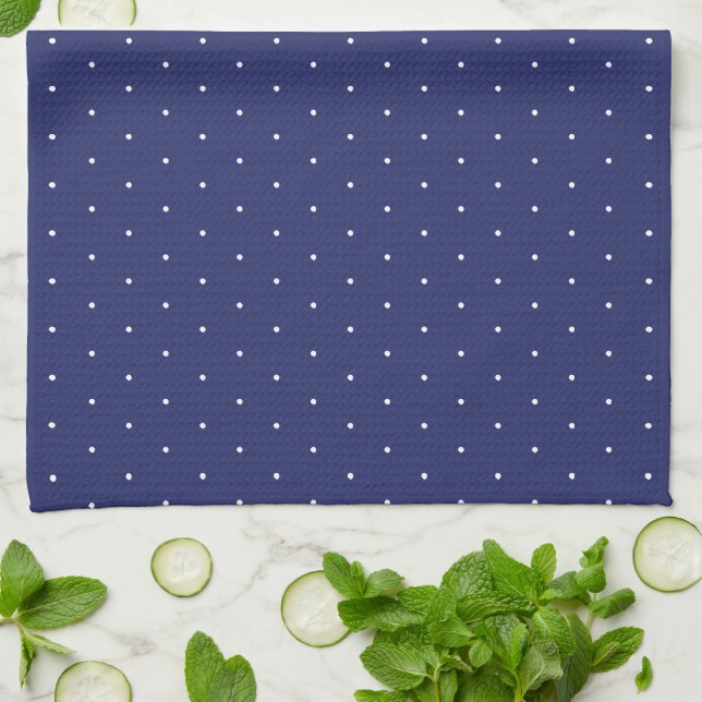 Cute navy blue and white tiny polka dots pattern tea towel (Folded)