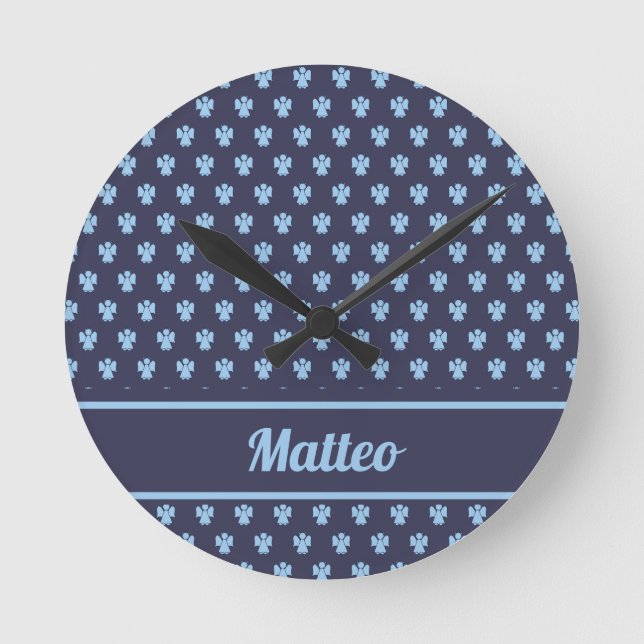 Cute navy blue angel pattern personalised name round clock (Front)