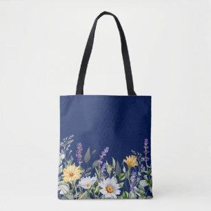 Cute Navy Blue Boho Wildflower Design Tote Bag