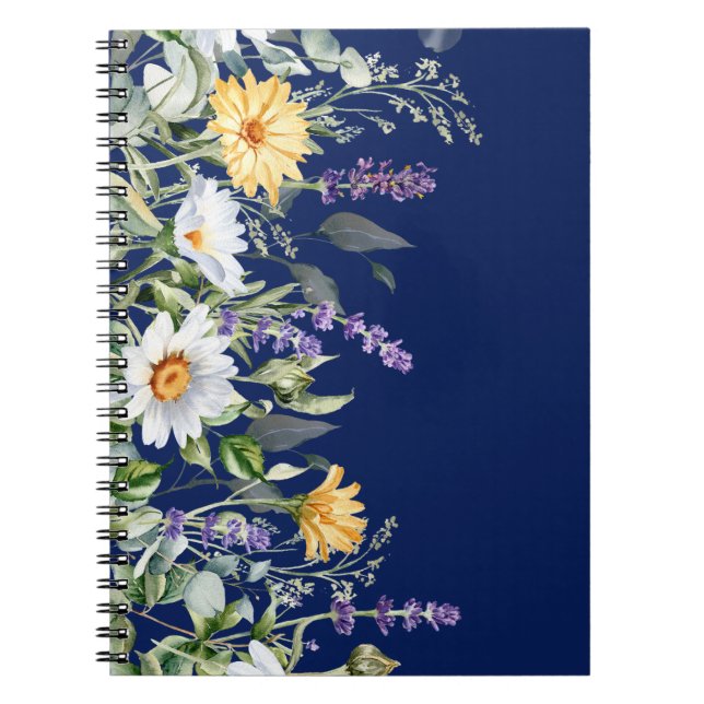 Cute Navy Blue Boho Wildflowers Notebook Journal (Front)