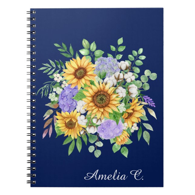 Cute Navy Blue Boho Wildflowers Notebook Journal (Front)