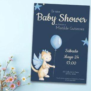 Cute Navy Blue Dragon Spanish Boy Baby Shower Invitation
