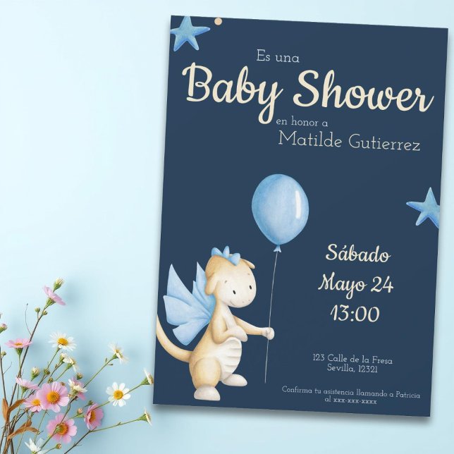 Cute Navy Blue Dragon Spanish Boy Baby Shower Invitation (Creator Uploaded)