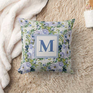 Cute Navy Blue Dusty Blue Floral White Monogram Cushion
