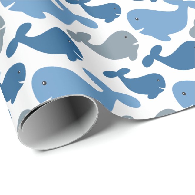 Cute Navy Blue Gray Whale Kids Wrapping Paper (Roll Corner)